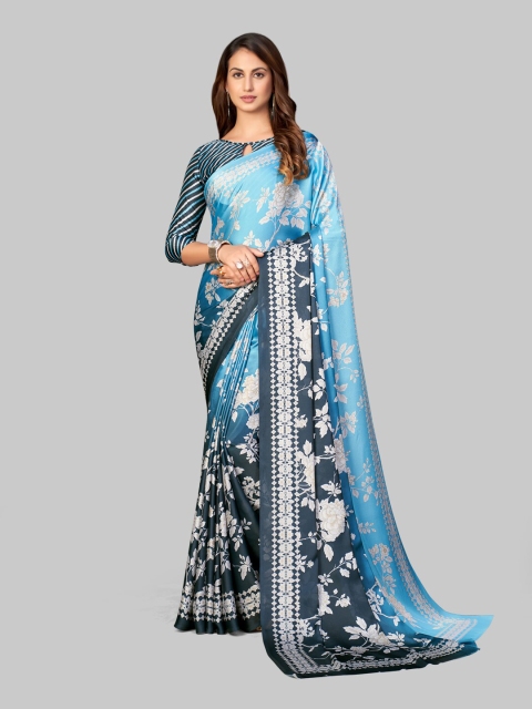 

7TH FAB Blue & White Floral Satin Saree