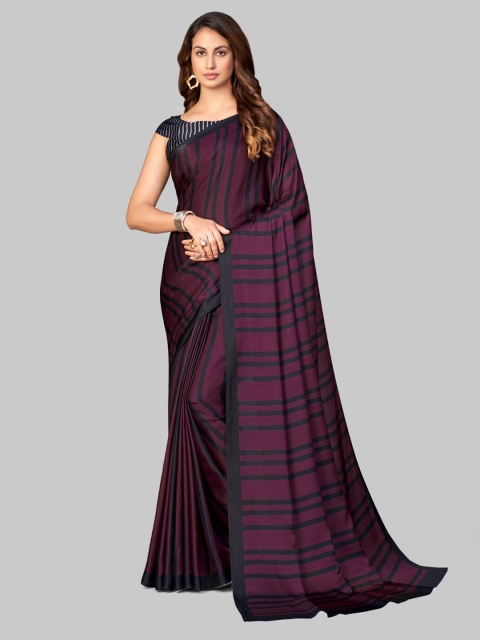

7TH FAB Purple & Black Striped Satin Leheriya Saree
