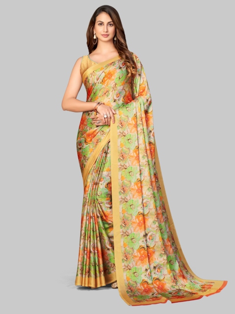 

7TH FAB Beige & Green Floral Satin Saree