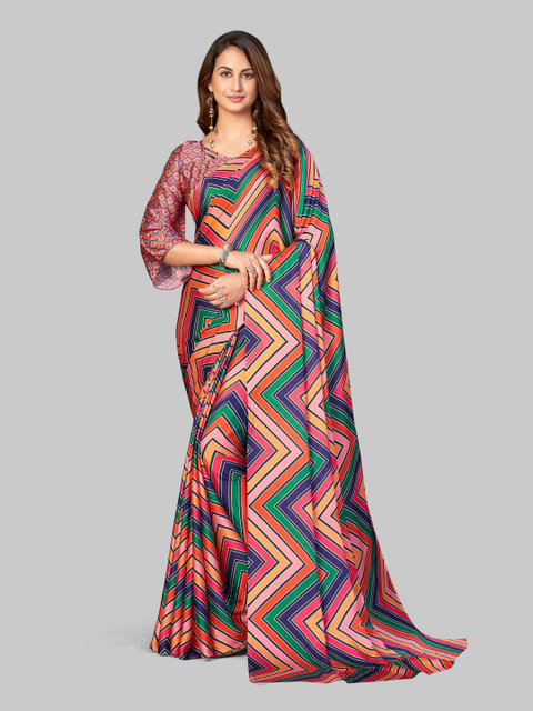 

7TH FAB Pink & Green Striped Satin Leheriya Saree