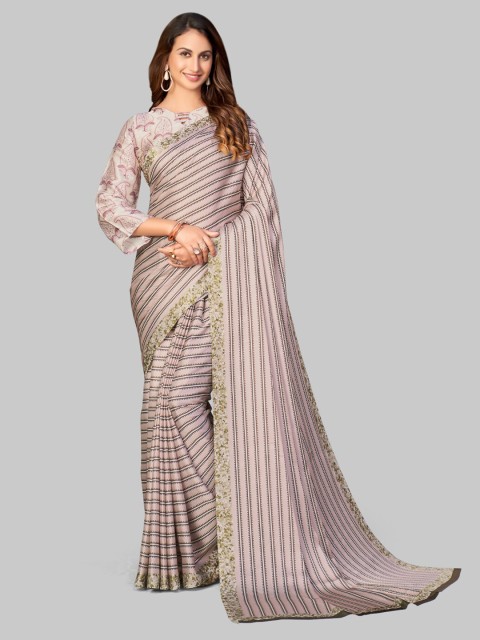 

7TH FAB Purple & Striped Floral Satin Saree
