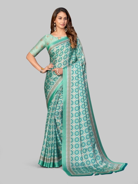 

7TH FAB Women Blue & White Floral Pure Satin Georgette Polka-Dot Print Saree