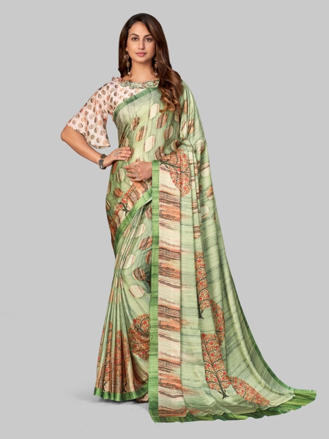 

7TH FAB Green & Orange Floral Satin Saree