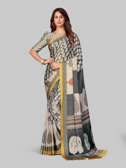 

7TH FAB Grey Floral Satin Saree
