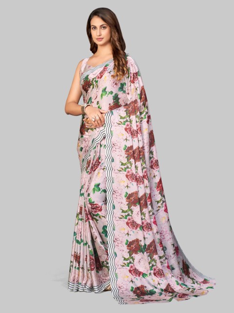 

7TH FAB Purple & Pink Floral Satin Saree