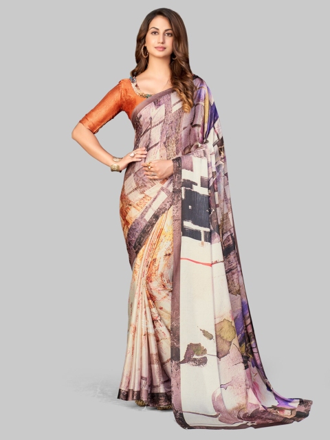 

7TH FAB Cream-Coloured & Purple Floral Satin Saree