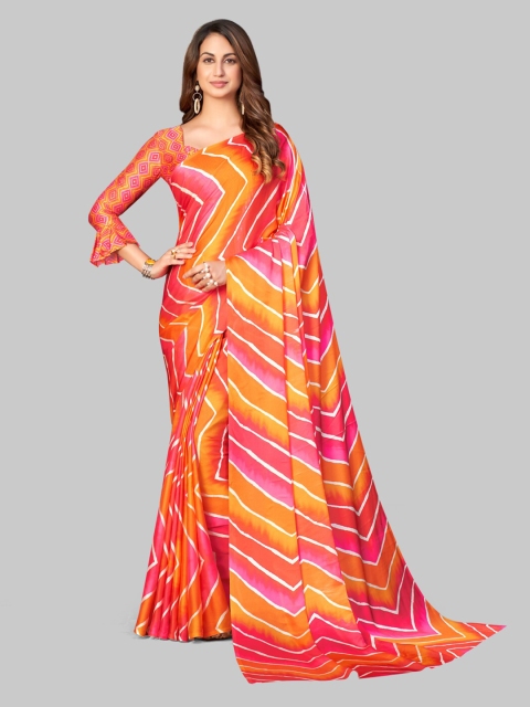 

7TH FAB Orange & Pink Leheriya Satin Leheriya Saree