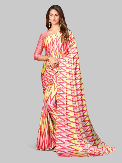 

7TH FAB Yellow & Red Striped Satin Leheriya Saree