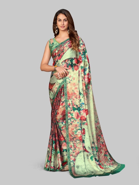 

7TH FAB Green & Red Floral Satin Saree