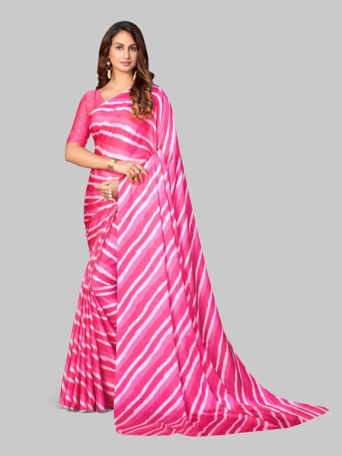 

7TH FAB Pink & White Striped Satin Leheriya Saree