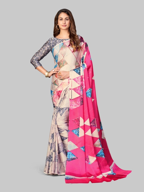 

7TH FAB Pink & Blue Floral Satin Saree