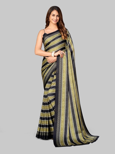 

7TH FAB Black & Gold-Toned Satin Leheriya Saree