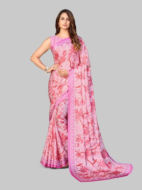 

7TH FAB Pink Floral Satin Saree