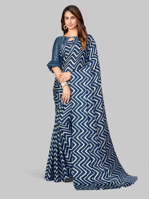 

7TH FAB Blue & White Striped Satin Leheriya Saree