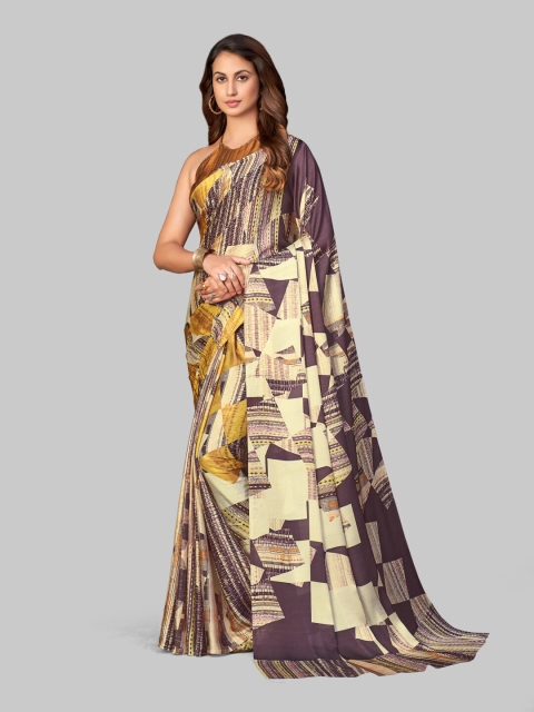 

7TH FAB Grey & Beige Floral Satin Saree