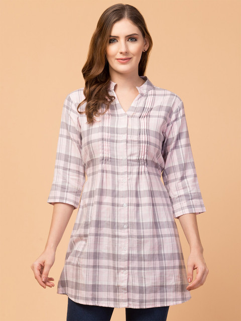 

Hive91 Light Pink & Grey Mandarin Collar Cotton Checked Tunic