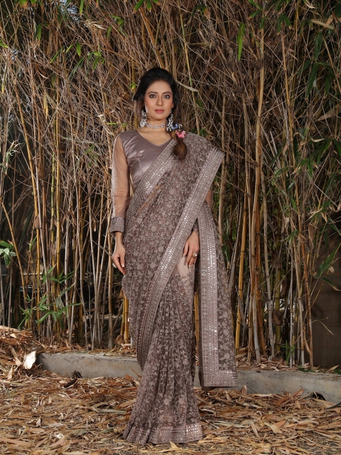 

ASPORA Brown Floral Beads and Stones Net Heavy Work Saree