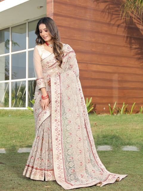 

ASPORA Cream & Pink Floral Embroidered Heavy Work Net Saree