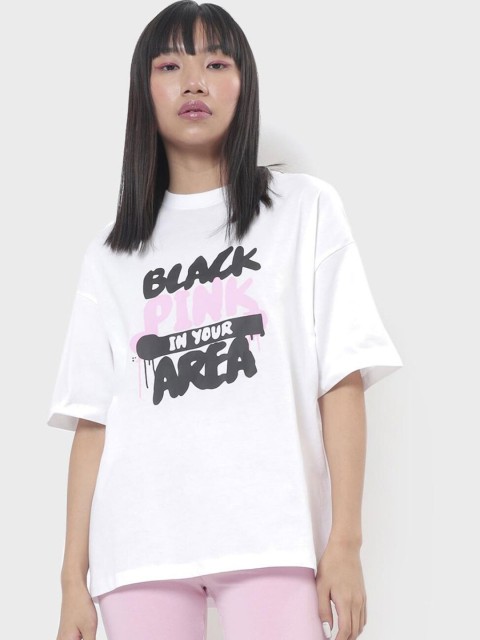

Bewakoof Women White Typography Printed Loose T-shirt