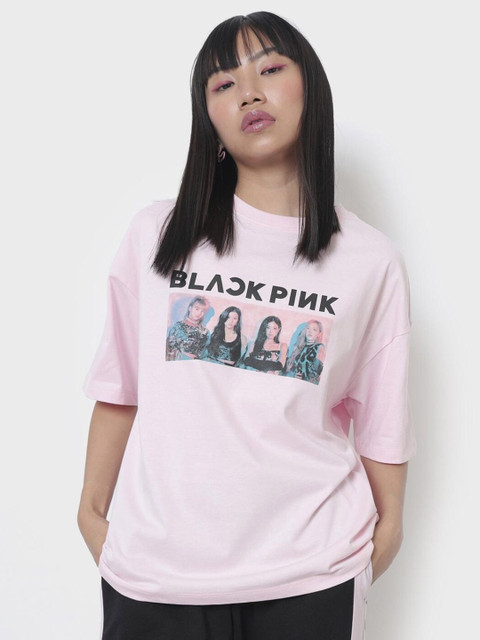 

Bewakoof Women Pink & christmas silver Printed Extended Sleeves Loose T-shirt