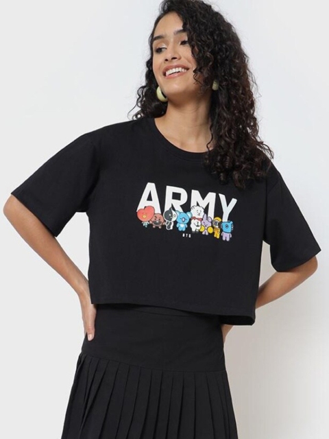 

Bewakoof Women Black & french middle red purple Printed Loose T-shirt