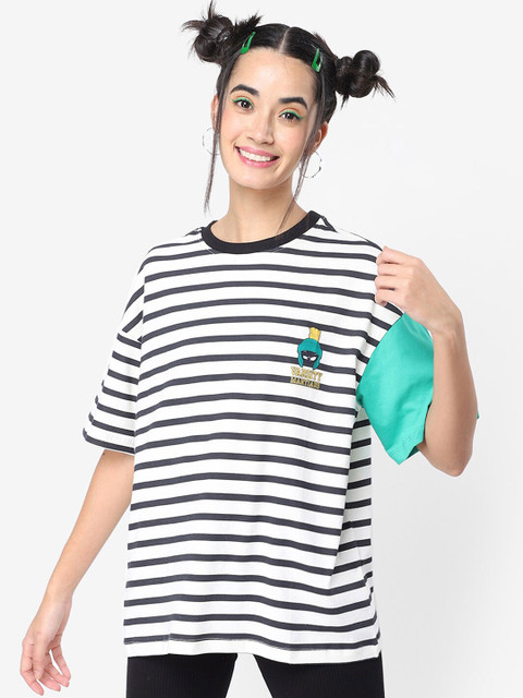 

Bewakoof Women White & guyabano Striped Monochrome Loose T-shirt