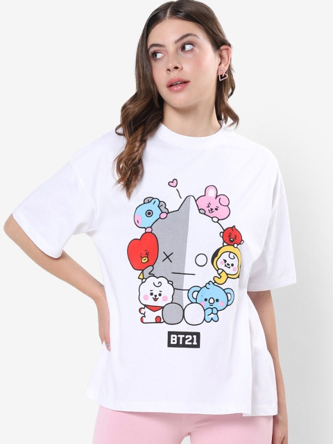 

Bewakoof Women White Printed Drop-Shoulder Sleeves Cotton T-shirt