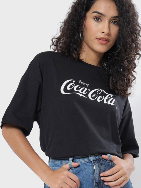 

Bewakoof Women Black Brand Logo Drop-Shoulder Sleeves Loose Pure Cotton T-shirt