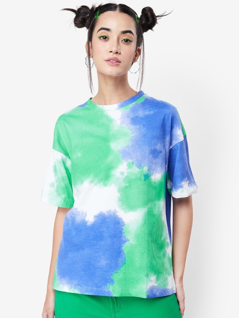 

Bewakoof Women White & cabbage Tie and Dye Dyed V-Neck Drop-Shoulder Sleeves Loose T-shirt