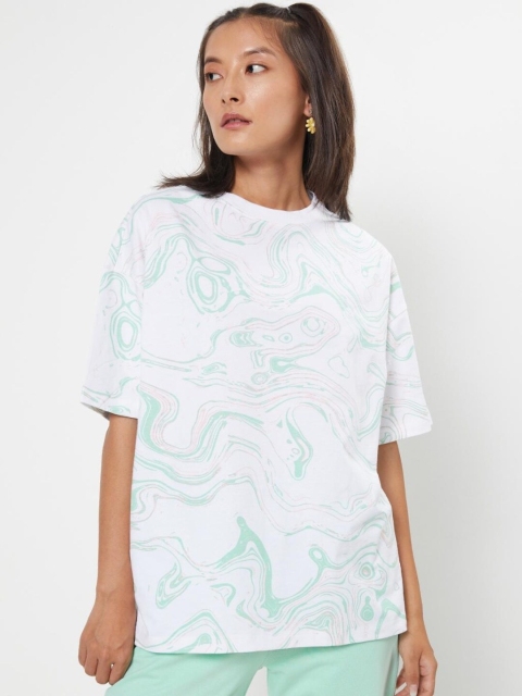 

Bewakoof Women Off White & Teal Dyed Drop-Shoulder Sleeves Raw Edge Loose T-shirt