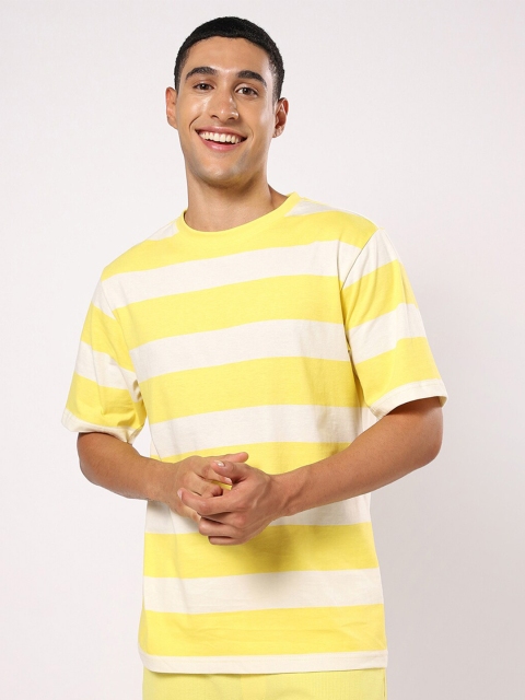 

Bewakoof Men Yellow & White Striped Oversized T-shirt