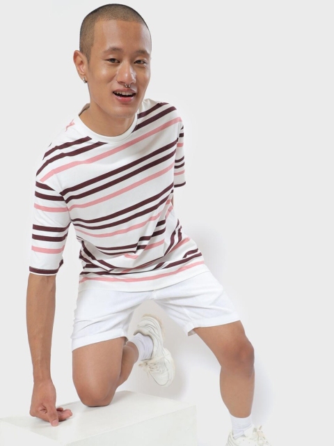 

Bewakoof Men White & Pink Striped Oversized T-shirt
