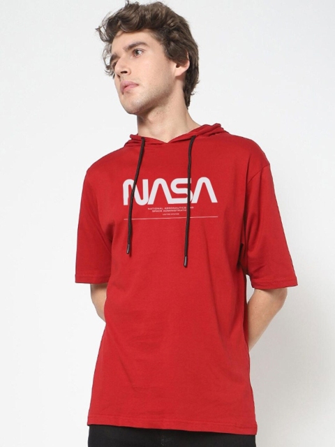 Bewakoof Men Red & Off White NASA Printed Oversized T-shirt