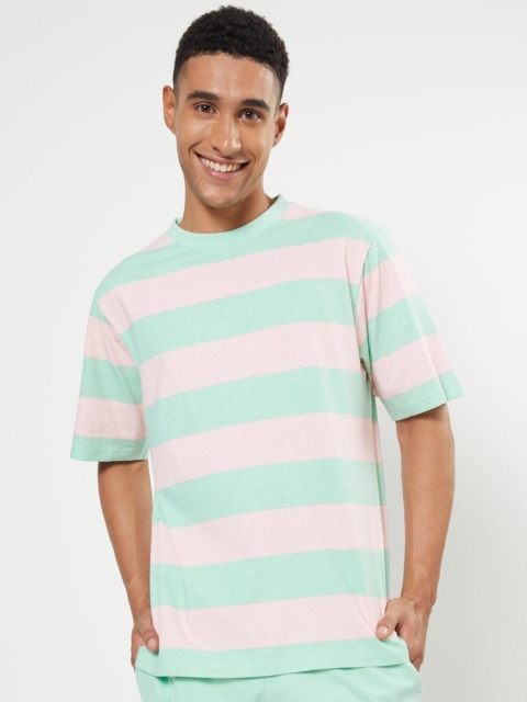 

Bewakoof Men Green & Pink Striped Round Neck Oversized T-shirt