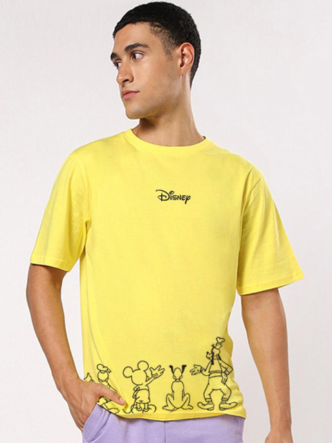 

Bewakoof Men Yellow Printed Drop-Shoulder Sleeves Applique Loose T-shirt