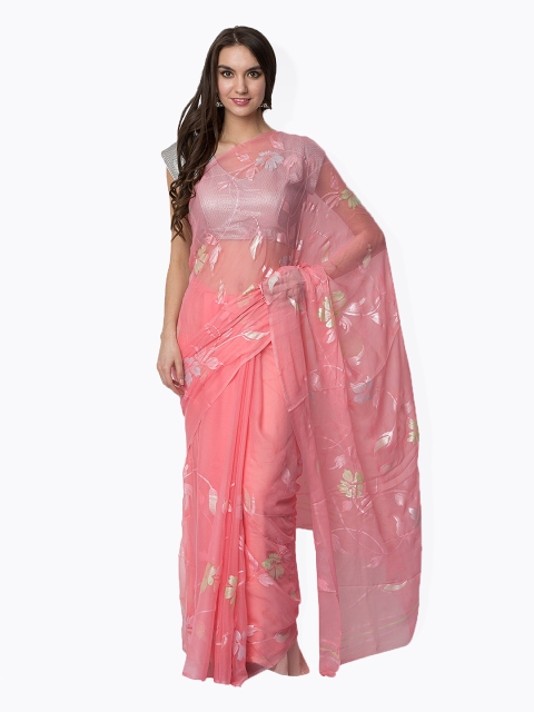 

La Vastraa Pink & Green Floral Hand Painted Chiffon Saree