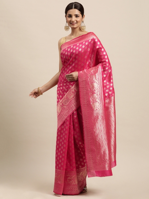

VRSALES Magenta & Golden Ethnic Motifs Zari Pure Silk Banarasi Saree