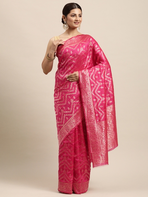 

VRSALES Pink Ethnic Motifs Pure Silk Banarasi Saree