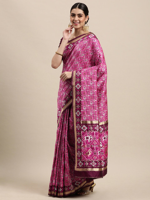 

VRSALES Magenta & White Ethnic Motifs Banarasi Silk Woven Saree
