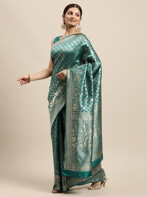 

VRSALES Sea Green & Golden Ethnic Motifs Zari Pure Silk Banarasi Saree