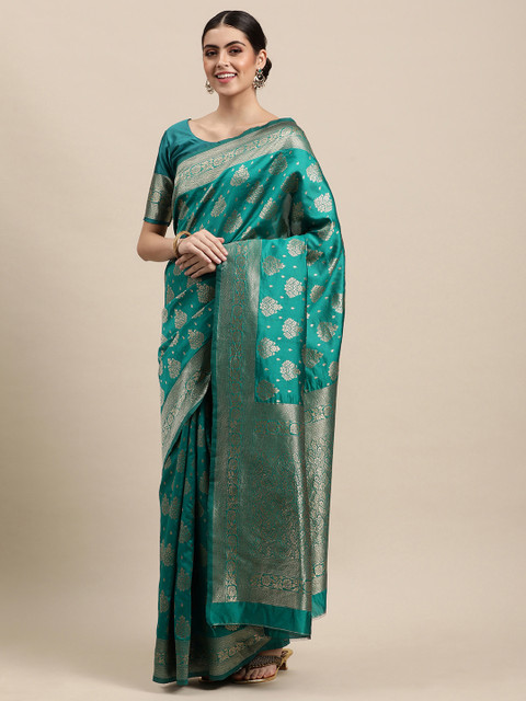 

VRSALES Sea Green & Gold-Toned Floral Banarasi Silk Woven Saree