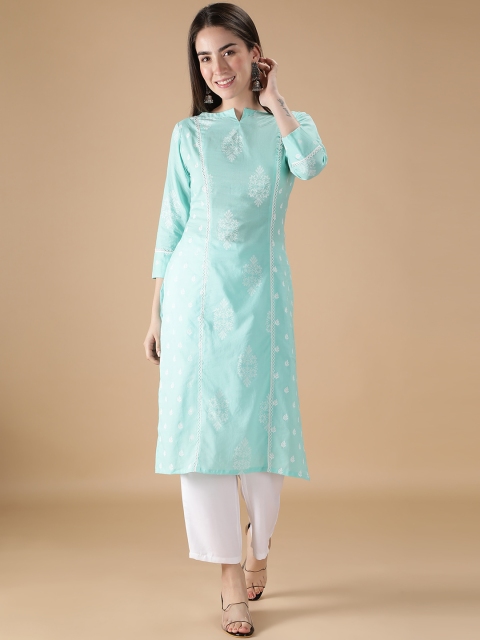 

DESI WOMANIYA Women Blue Ethnic Motifs Keyhole Neck Thread Work Block Print Kurta