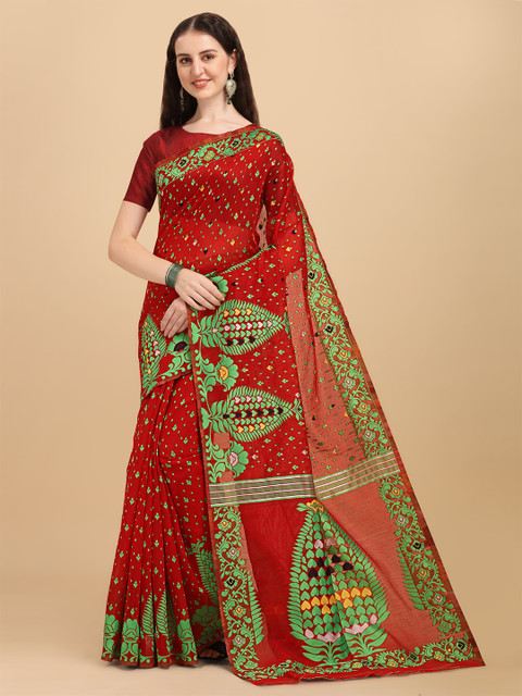 

ZIKARAA Red & Green Woven Design Silk Cotton Jamdani Saree