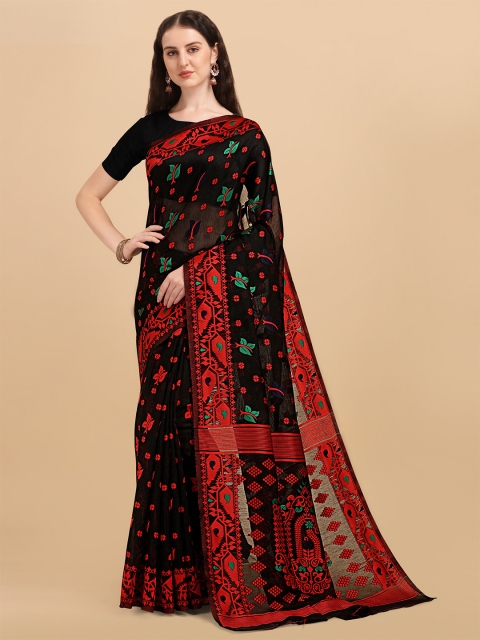 

ZIKARAA Black & Red Woven Design Silk Cotton Jamdani Saree