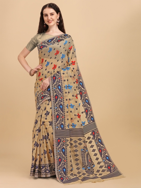 

ZIKARAA Beige & Red Woven Design Silk Cotton Jamdani Saree