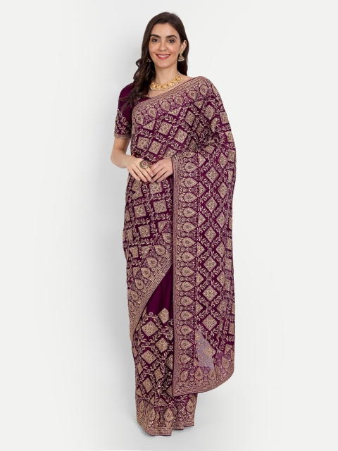 

ASPORA Purple & Beige Floral Beads and Stones Pure Silk Heavy Work Saree