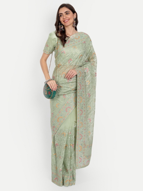 

ASPORA Olive Green & Yellow Floral Embroidered Net Heavy Work Saree