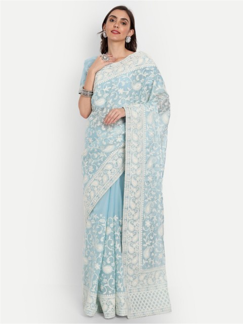 

ASPORA Blue & White Paisley Embroidered Organza Heavy Work Saree
