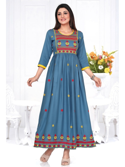 

Ayukti Women Blue & Red Ethnic Motifs Embroidered Ethnic Maxi Dress