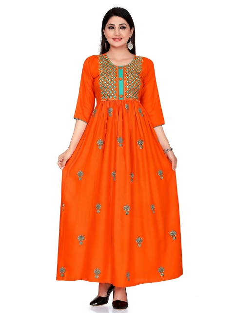 

Ayukti Women Orange Ethnic Motifs Embroidered Thread Work Anarkali Kurta